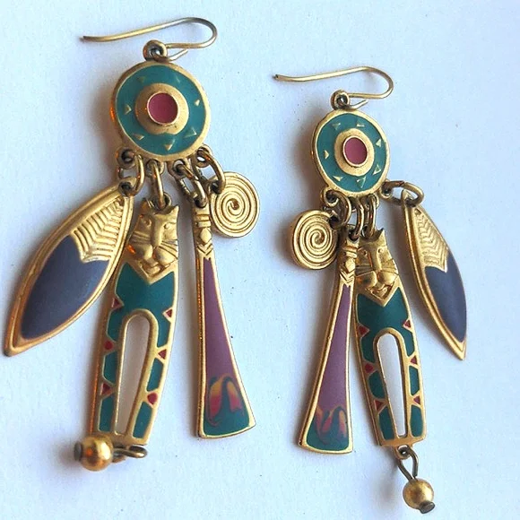 Vintage Edgar Berebi Cat Earrings Dangle Artistic Wearable Art Pierced Hook - Picture 2 of 7